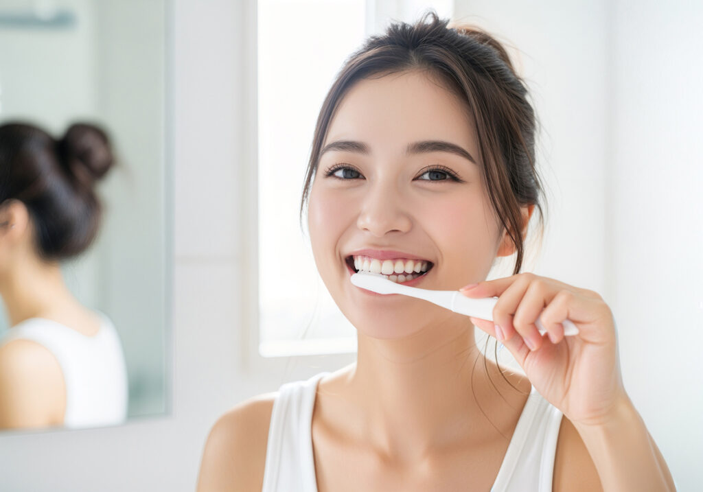 虫歯予防のために歯磨きをする女性
