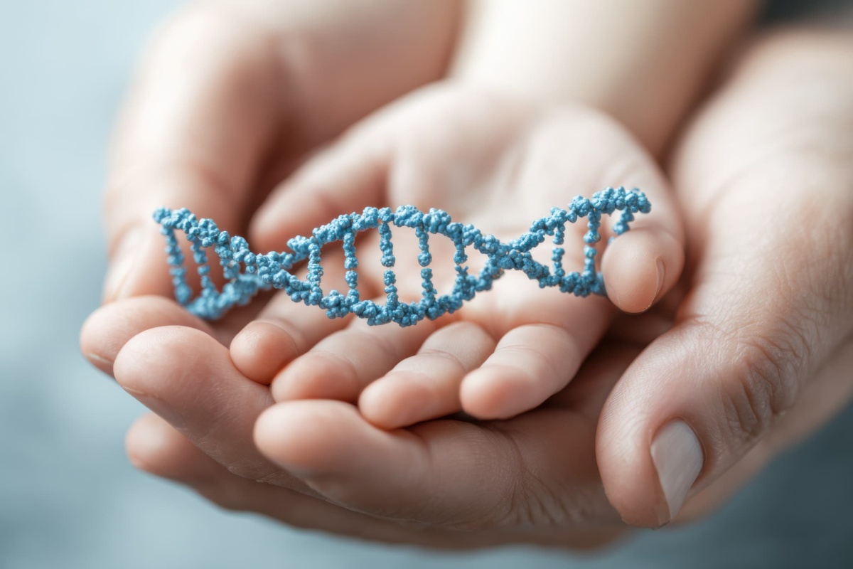 大人と子どもの重なった手の上にある遺伝子の模型