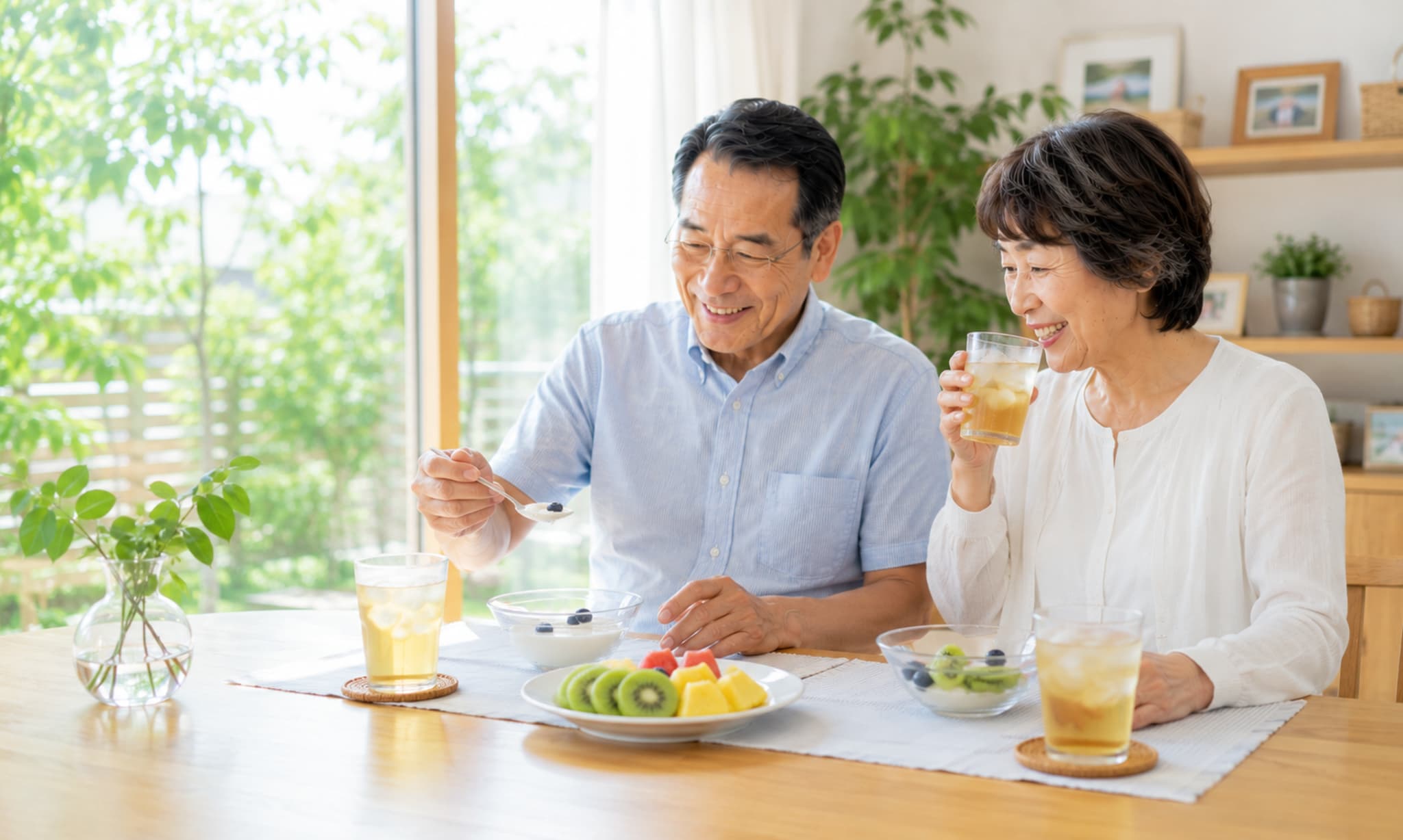 それぞれに合った入れ歯で仲良く食事を楽しむ高齢夫婦